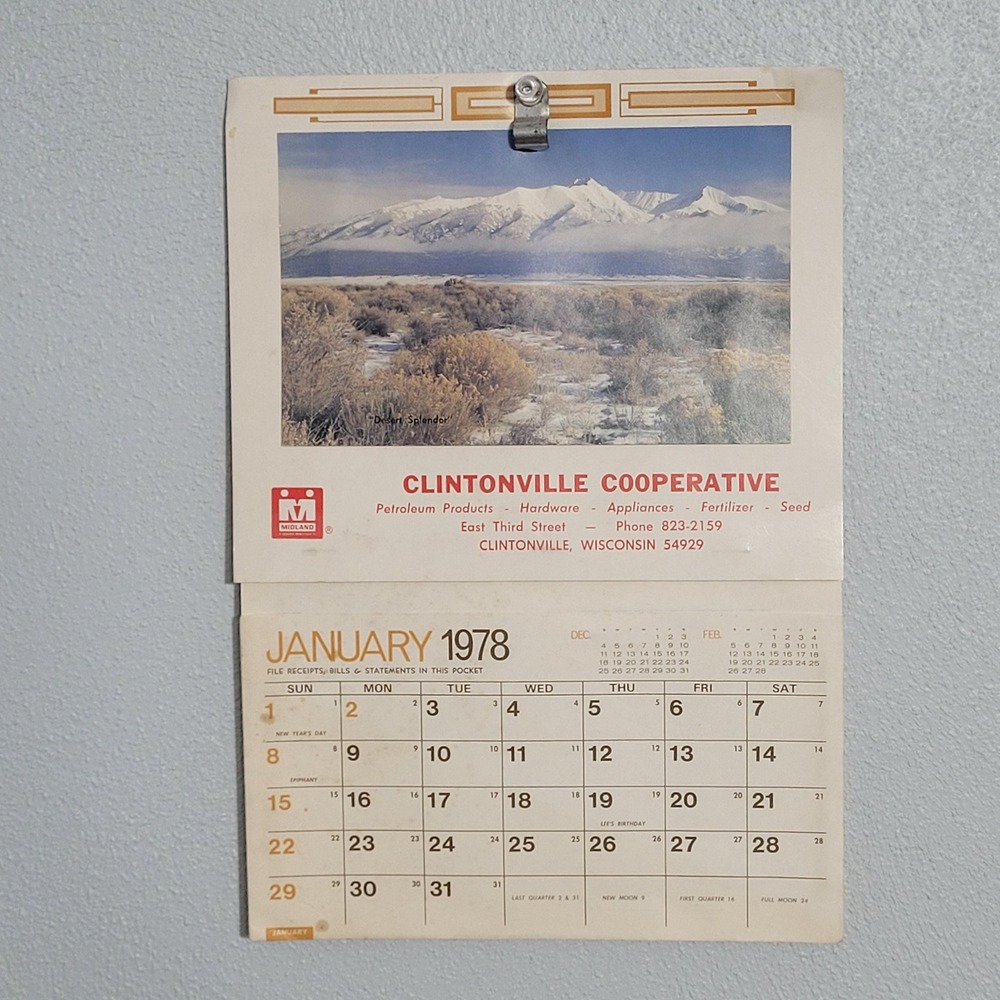 1978 Clintonville CoopWall‎ Calendar Pencil Holder Clintonville Wisconsin